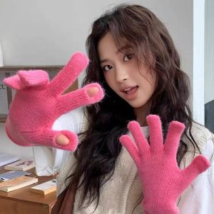 Women Winter Open-Finger Touch Screen Imitation Rabbit Fur Fleece-Lined Warm Gloves